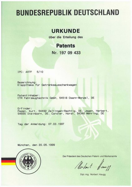 Urkunde Patent Klapptheke für Getränkeausschankwagen
